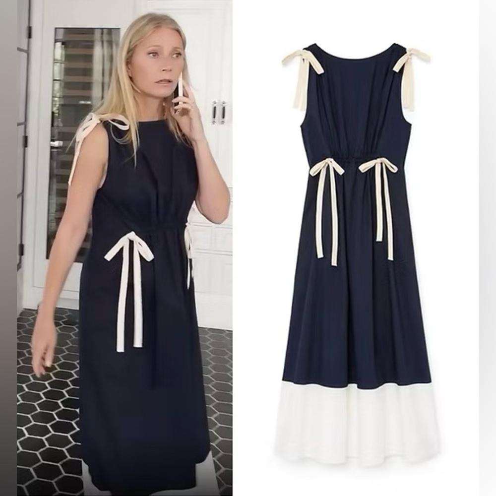 Goop G. Label Genoa Navy Midi Dress White Ribbon Tie Quiet Luxury Size XS